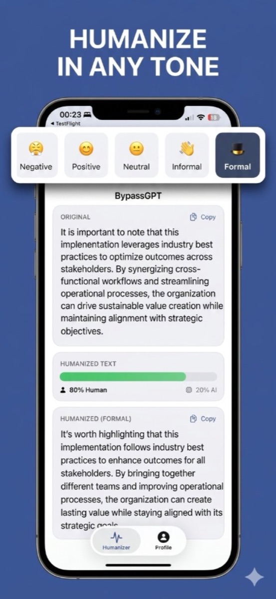 BypassGPT humanizing AI text on iPhone with an 80% human score